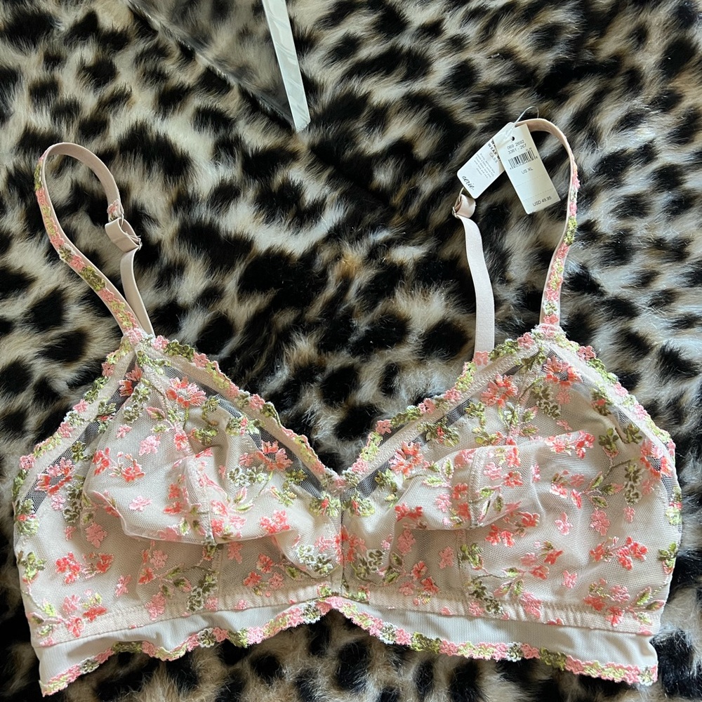 Aerie Floral Embroidered Lace Bralette - Pink and Green